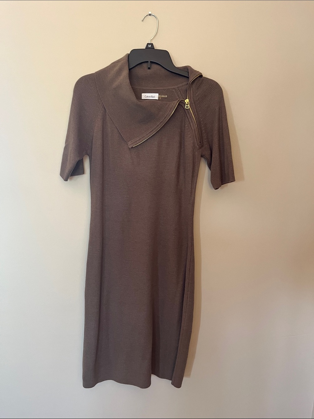 Calvin Klein Chocolate Brown Knit Midi Dress with Asymmetrical Zip Collar